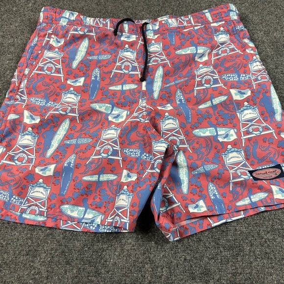 Vineyard Vines Mens SouthBeach Shorts Swimsuit 36X6 Red Blue Surfer Beach Pocket - Picture 2 of 8